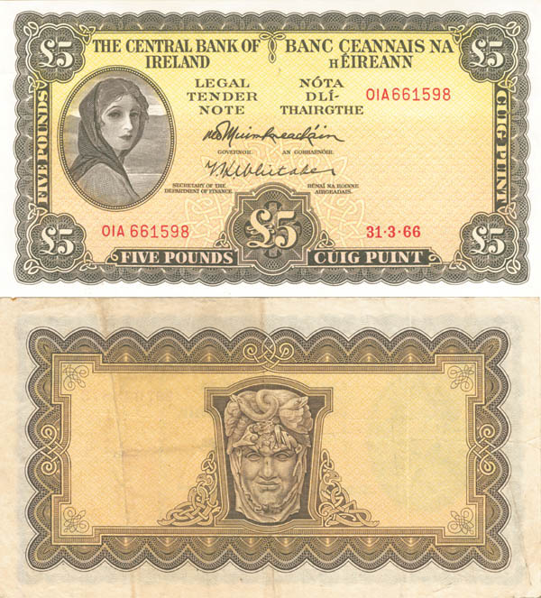 Ireland - 5 Pounds - P-65a - 1968 dated Foreign Paper Money 